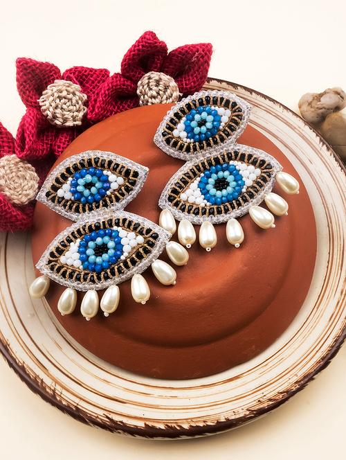 handmade evil eye pearl drop earrings - 22173772 - Very Small Image - 1