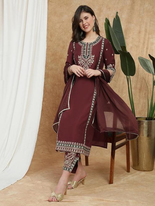 globus women maroon round neck all-over embroidered yoke a-line kurta with wide leg pants & dupatta festive set - 22174011 - Very Small Image - 1