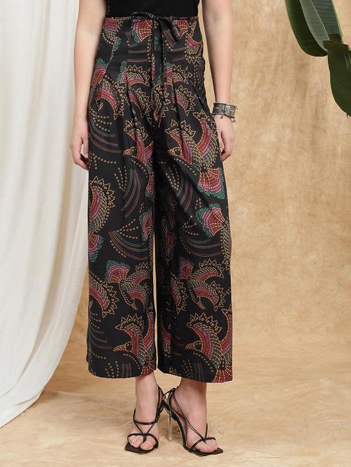 globus women black tropical print drawstring waist high rise pleated wide leg palazzos - 22174016 - Very Small Image - 1