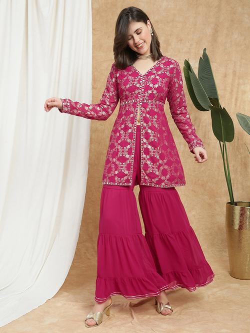 globus women pink v-neck gold foil print & mirror work lace detail a-line tunic & sharara festive co-ord set - 22174055 - Very Small Image - 1