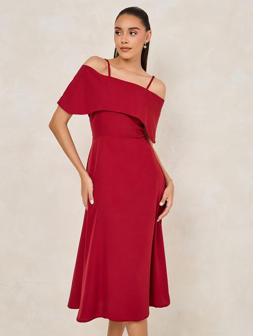 women solid off shoulder strap a-line dress - 22176592 - Very Small Image - 1
