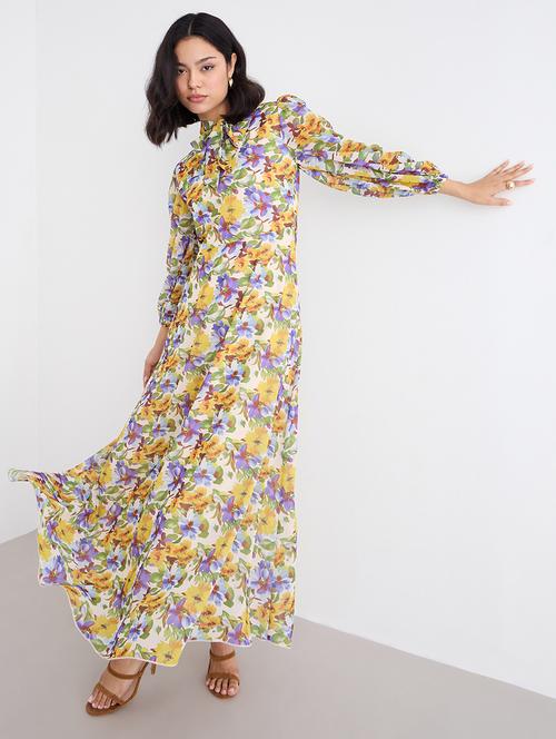 women printed tie up neck fit and flare dress - 22176619 - Very Small Image - 1