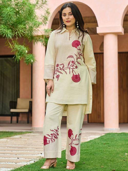 women solid with work long sleeve ethnic co-ord set - 22178451 - Very Small Image - 1