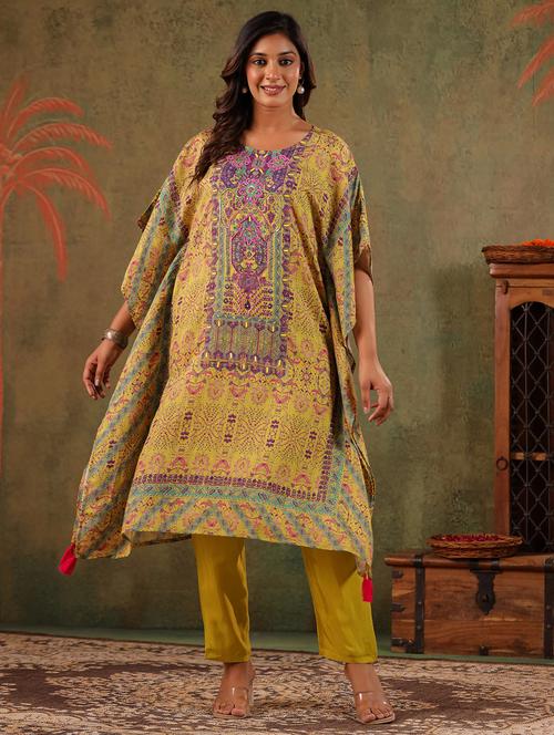 women printed kimono sleeve kaftan kurta with pant set - 22179004 - Very Small Image - 1