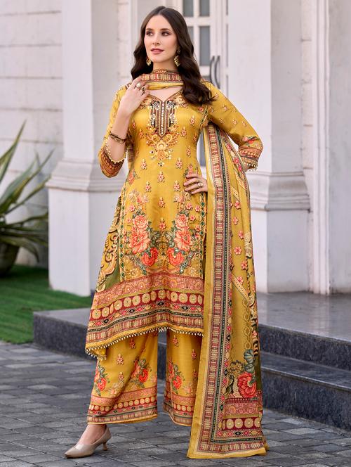 women floral three quarter sleeve kurta palazzo with dupatta set - 22179933 - Very Small Image - 1