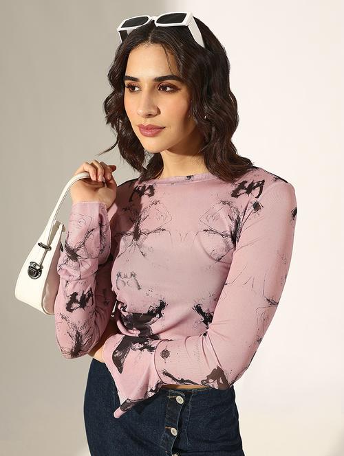women printed long sleeve crop ruched top - 22180176 - Very Small Image - 1
