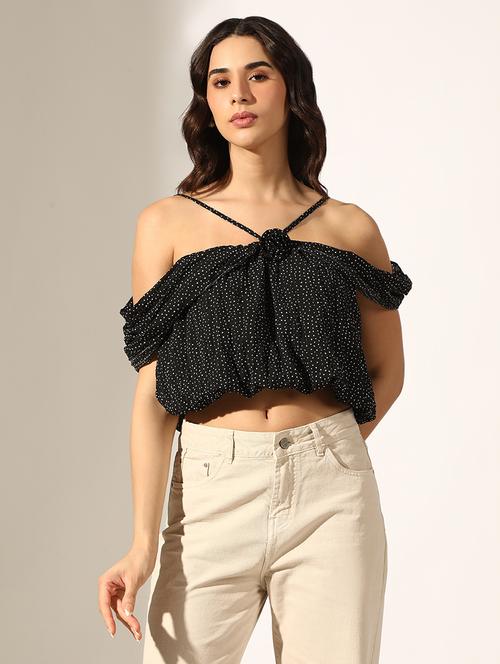 women black polka doted off shoulder crop top - 22180189 - Very Small Image - 1