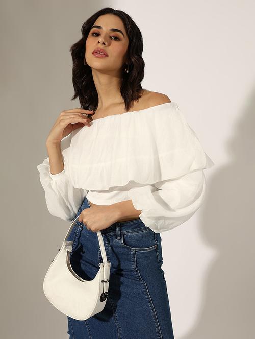 women solid off shoulder crop top - 22180196 - Very Small Image - 1