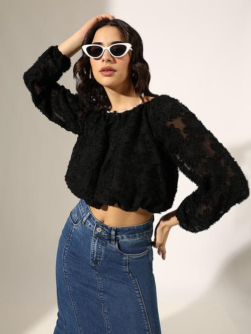 women self designed long sleeve crop top - 22180208 - Very Small Image - 1