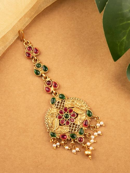 gold plated maangtika with pearl beads - 22181247 - Very Small Image - 1