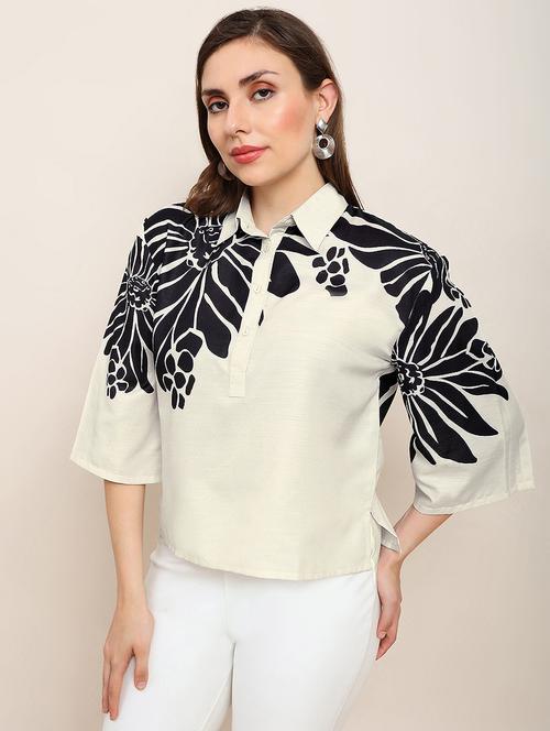 globus women off white collared neck floral shirt style party top - 22182205 - Very Small Image - 1