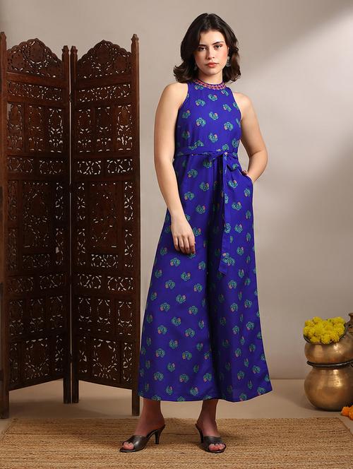 Globus Women Blue Halter Neck Embroidered Detail Tribal Print Belted Wide Flared Fusion Jumpsuit - 22182224 - Very Small Image - 1