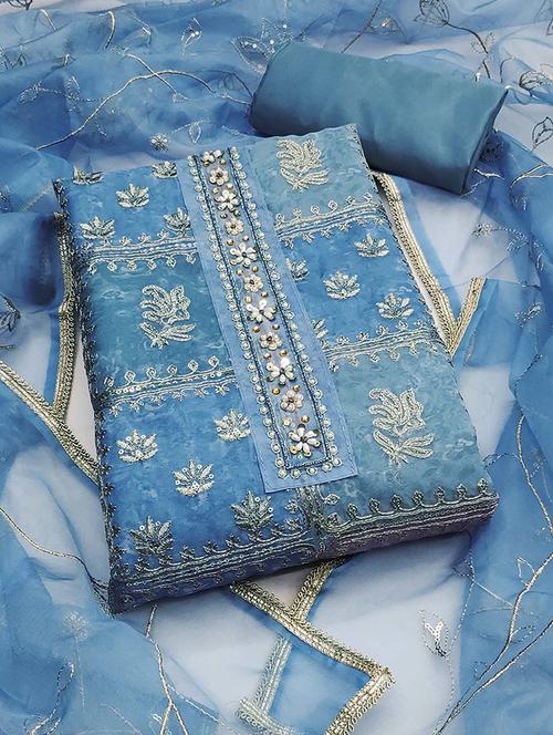 women solid with work embroidered unstitched suit set - 22182744 - Very Small Image - 1