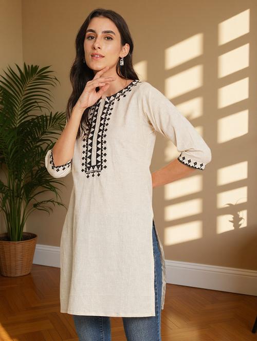 women solid with work three quarter sleeve straight kurti - 22182753 - Very Small Image - 1