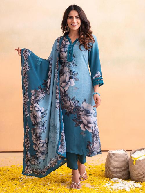 women floral three quarter sleeve kurta pant with dupatta set - 22183387 - Very Small Image - 1