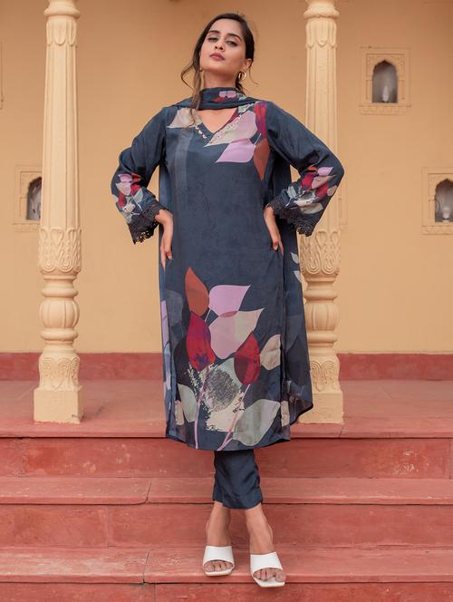 women solid with work long sleeve kurta pant with dupatta set - 22183422 - Very Small Image - 1