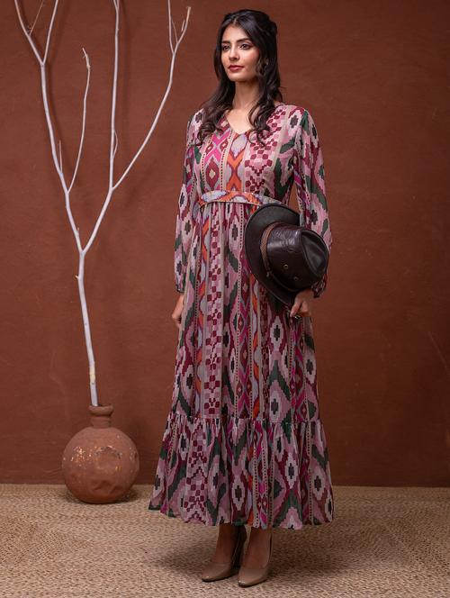 women printed puff sleeve fit & flare dress - 22183436 - Very Small Image - 1