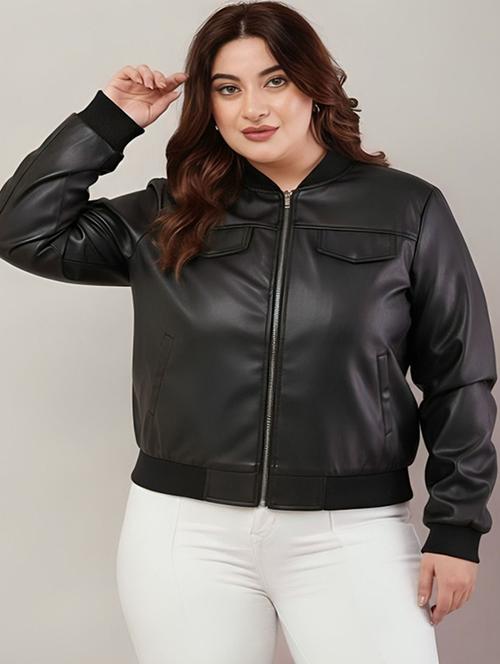 women solid long sleeve leatherette biker jacket - 22183669 - Very Small Image - 1