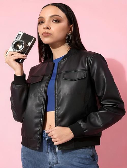 women solid long sleeve leatherette jacket - 22183670 - Very Small Image - 1