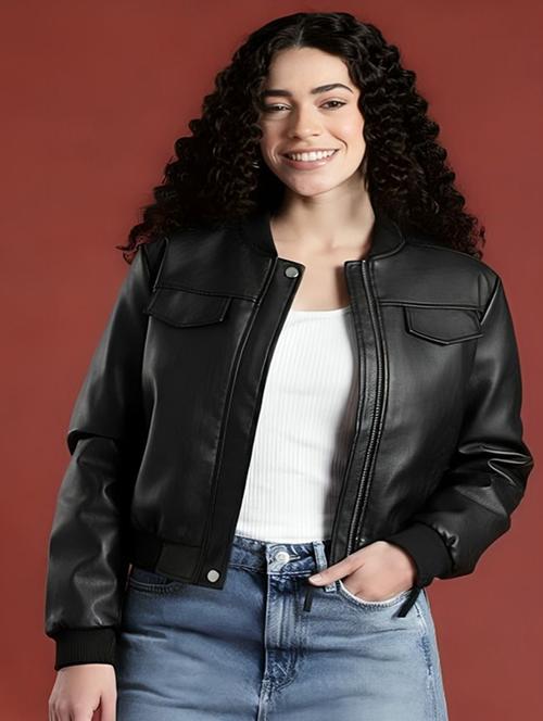 women solid long sleeve leatherette jacket - 22183672 - Very Small Image - 1