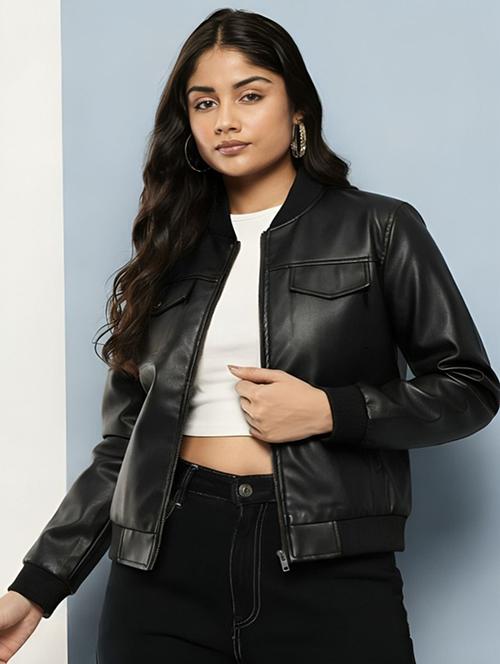 women solid long sleeve leatherette jacket - 22183676 - Very Small Image - 1