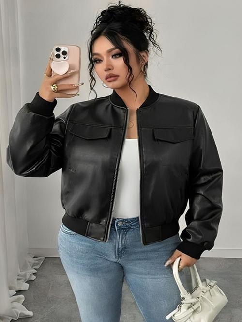 women plus size solid long sleeve leatherette jacket - 22183690 - Very Small Image - 1
