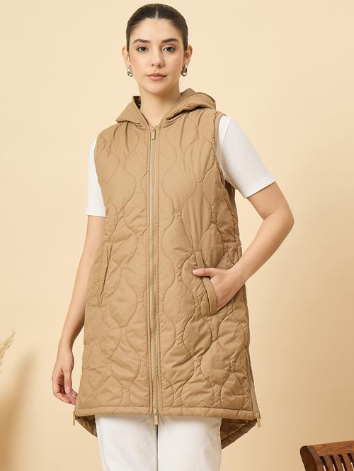 women solid sleeveless quilted long hooded jacket - 22184350 - Very Small Image - 1