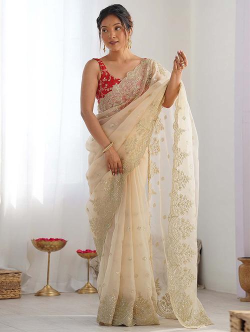 women solid with work embellished saree with blouse - 22186166 - Very Small Image - 1