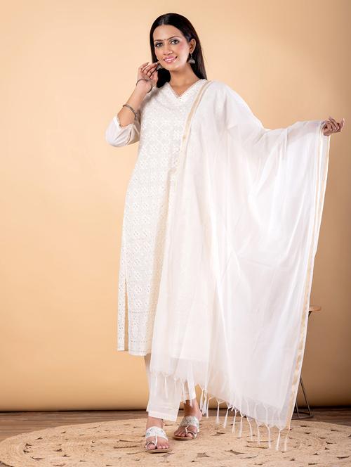 women solid with work three quarter sleeve kurta pant with dupatta set - 22187405 - Very Small Image - 1