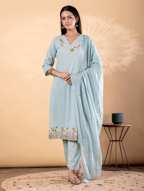 women solid with work three quarter sleeve kurta pant with dupatta set - 22187407 - Very Small Image - 1