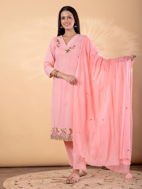 women solid with work three quarter sleeve kurta pant with dupatta set - 22187408 - Very Small Image - 1
