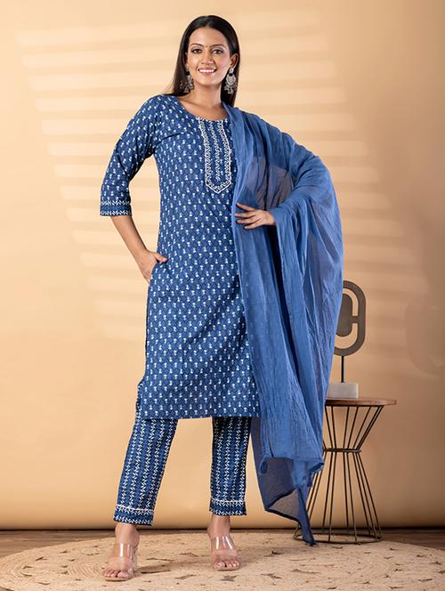 Women Printed Three Quarter Sleeve Kurta Pant With Dupatta Set - 22187505 - Very Small Image - 1