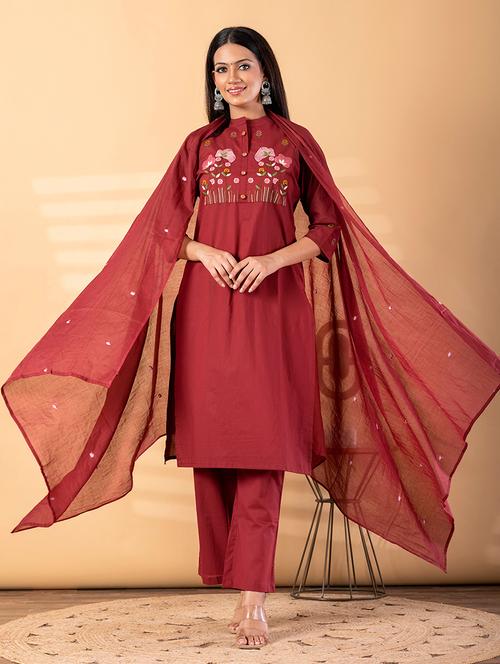 women solid with work three quarter sleeve kurta pant with dupatta set - 22187530 - Very Small Image - 1