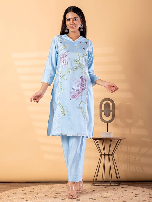 women solid with work three quarter sleeve kurta pant set - 22187533 - Very Small Image - 1