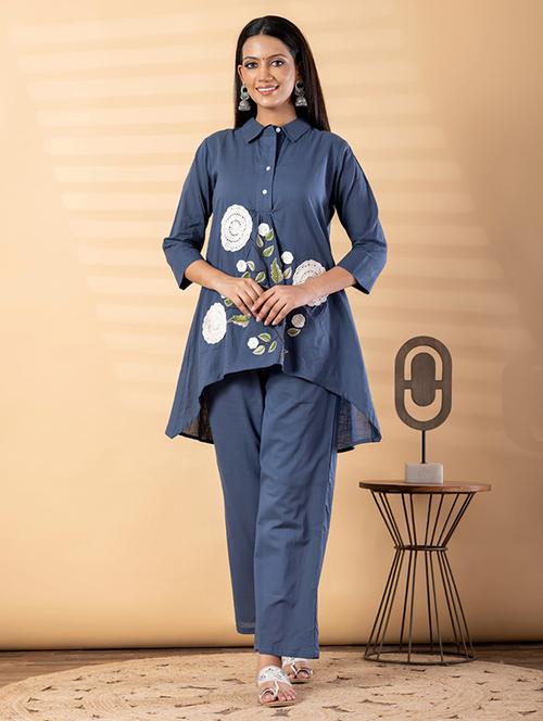 women solid with work three quarter sleeve shirt & trouser co-ord set - 22187651 - Very Small Image - 1