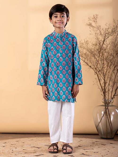 Boys Printed Long Sleeve Kurta & Pyjama Set - 22187724 - Very Small Image - 1
