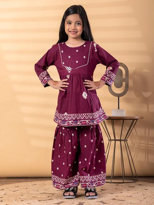 Girls Printed Long Sleeve Kurta And Sharara Set - 22187757 - Very Small Image - 1