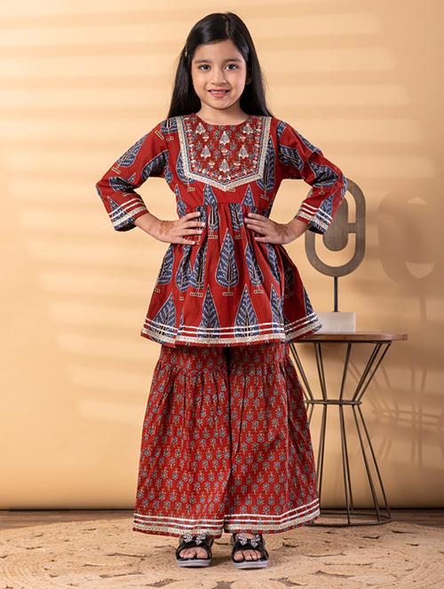 Girls Printed Long Sleeve Kurta And Sharara Set - 22187761 - Very Small Image - 1