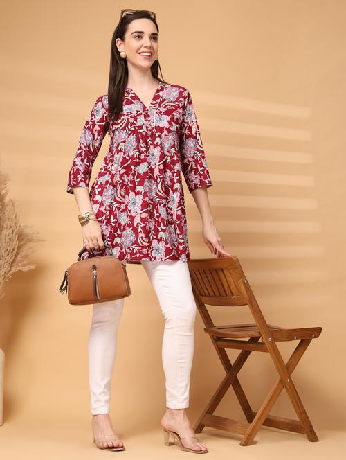 women floral three quarter sleeve a-line tunic - 22217640 - Very Small Image - 1