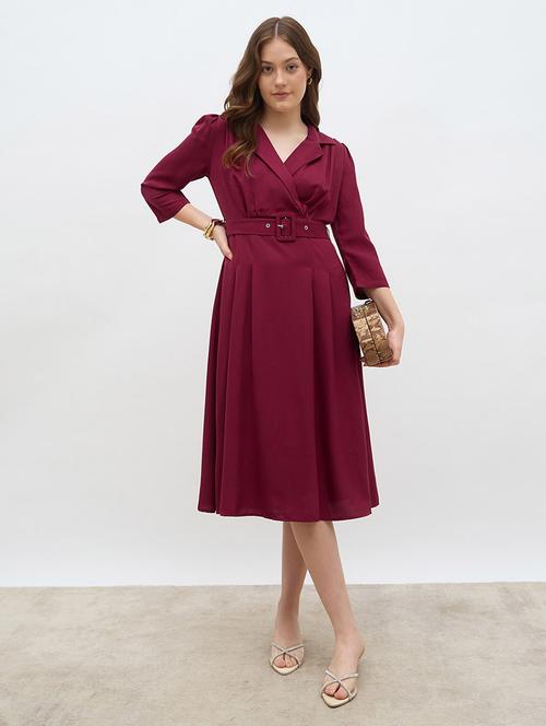 women solid lapel neck pleated a-line dress - 22219909 - Very Small Image - 1