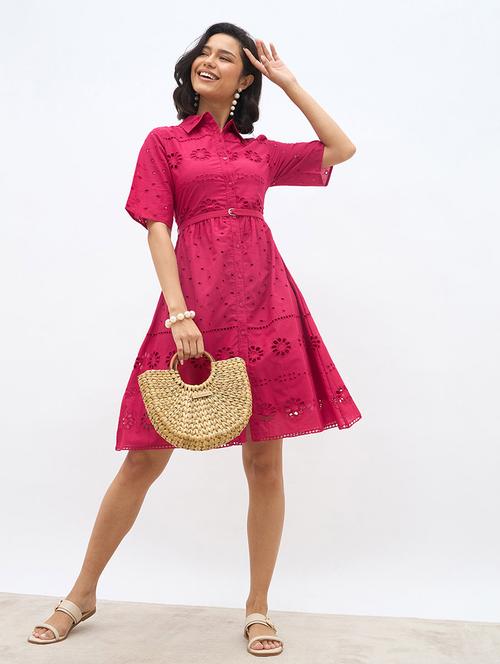 women solid short sleeve schiffli shirt dress - 22219914 - Very Small Image - 1