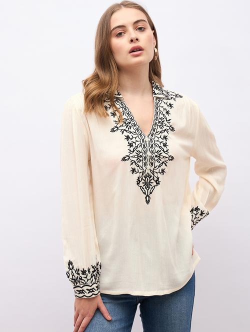 women embroidered long sleeve collared top - 22219943 - Very Small Image - 1