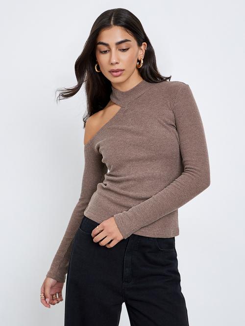 women solid long sleeve cut out straight top - 22219952 - Very Small Image - 1