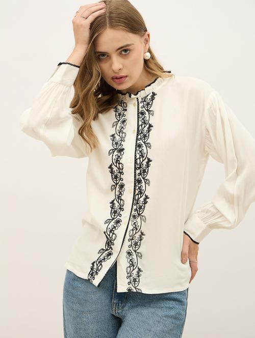 women embroidered mandarin neck puff sleeve shirt - 22220055 - Very Small Image - 1