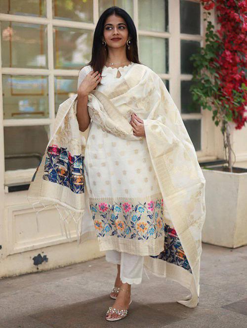 women self design short sleeve kurta pant with dupatta set - 22220189 - Very Small Image - 1