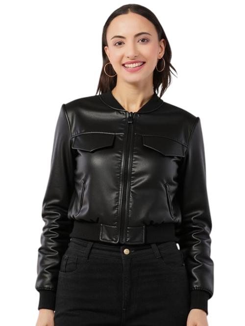 women black solid long sleeve leather jacket - 22224364 - Very Small Image - 1
