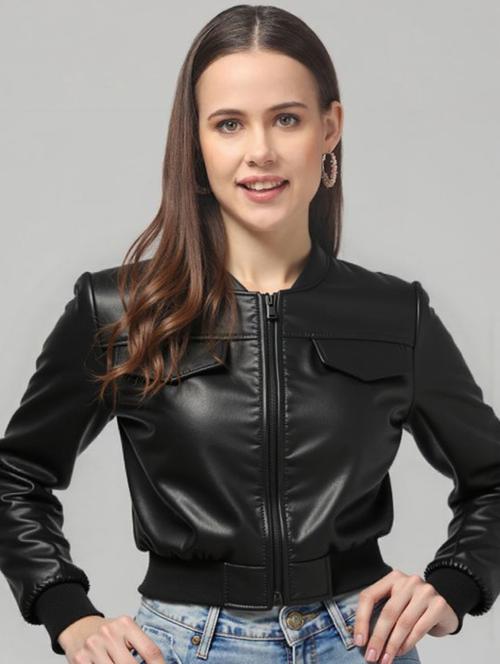women black solid long sleeve leather jacket - 22224366 - Very Small Image - 1