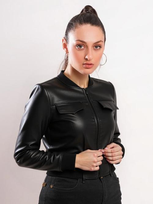 women black solid long sleeve leather jacket - 22224367 - Very Small Image - 1