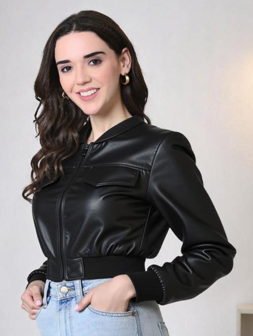 women black solid long sleeve leather jacket - 22224368 - Very Small Image - 1