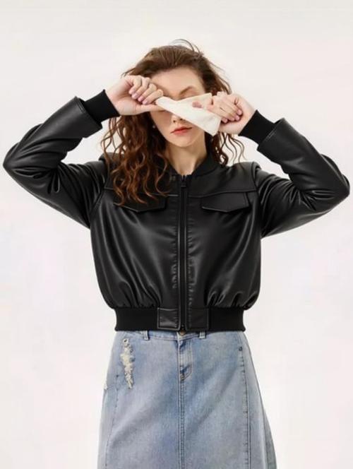 women black solid long sleeve leather jacket - 22224371 - Very Small Image - 1
